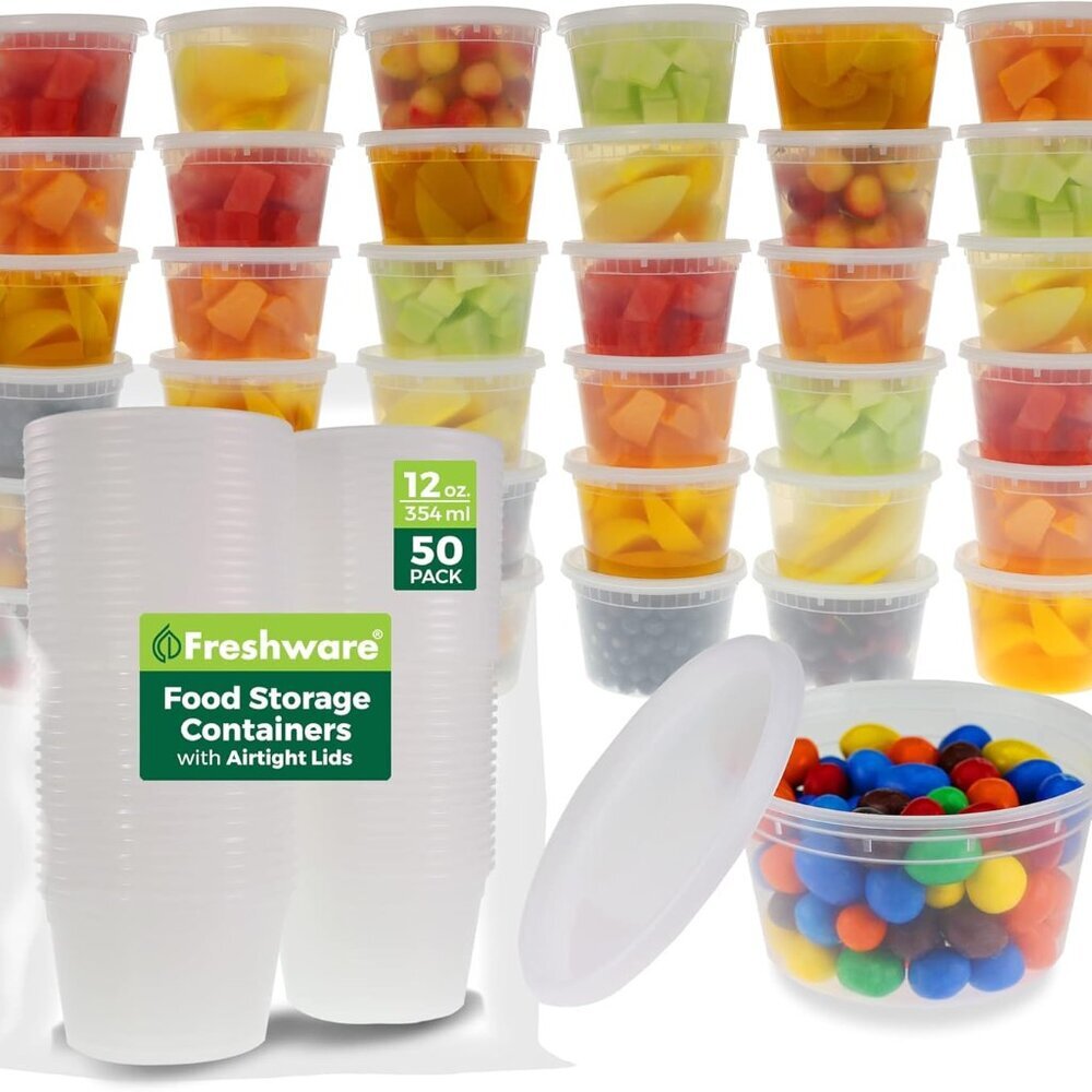 Food Storage Containers [50 Set] 12 oz Plastic Deli Containers with Lids, Slime,